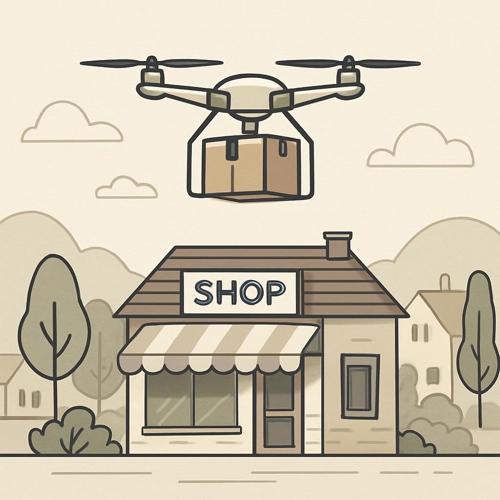 Vector illustration of a aerial drone carrying packages flying over a shop storefront.