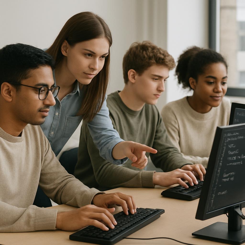 Four young people, seated around a table, using a computer with multiple keyboards.