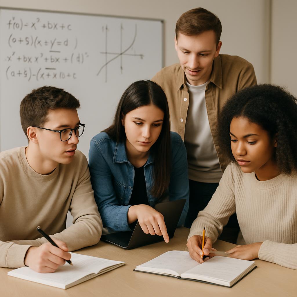 four young adults studying together in front of a white board with equations written on it.